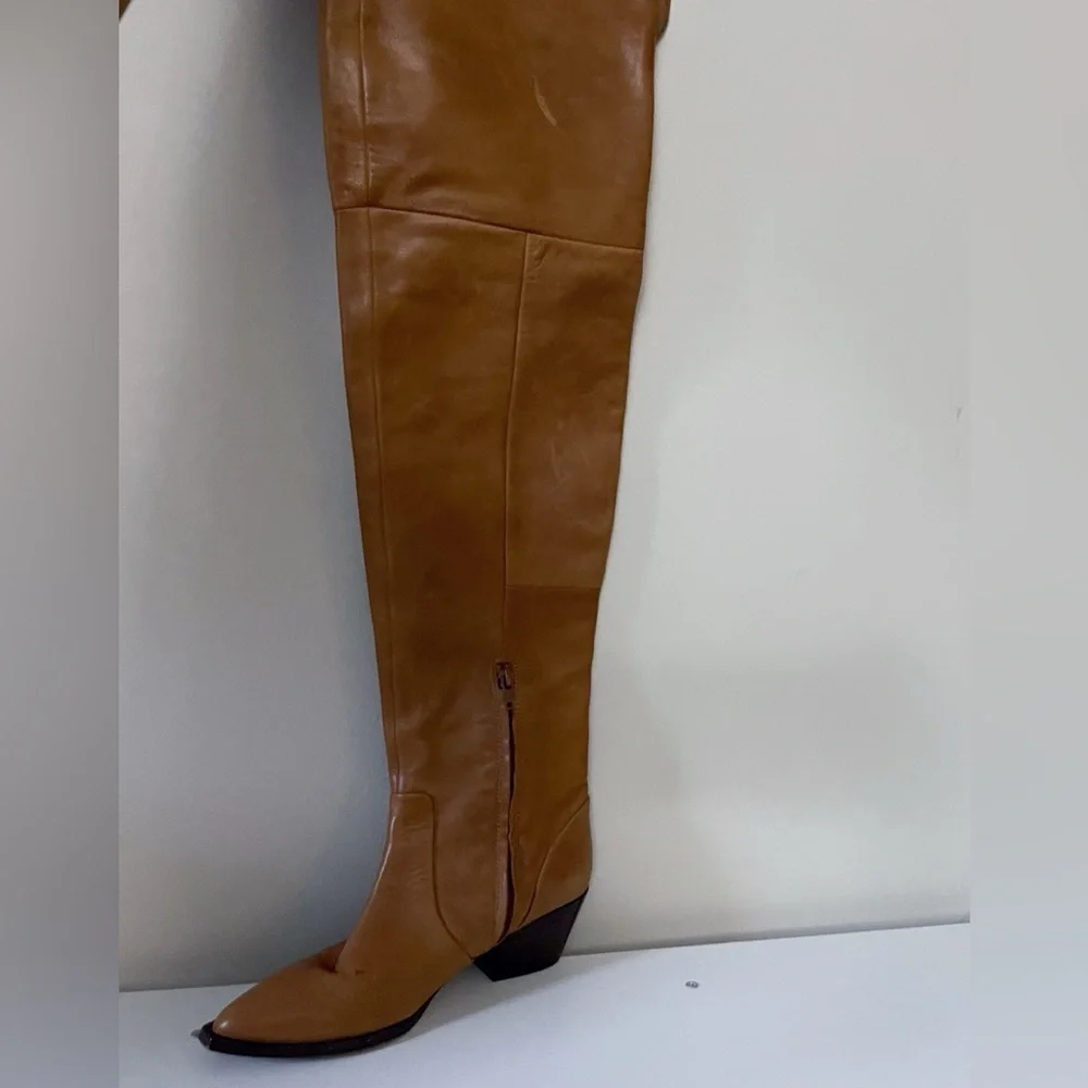 Aldo Tan Brown Over the Knee Leather Boots Almond Toe Chic Casual Festival